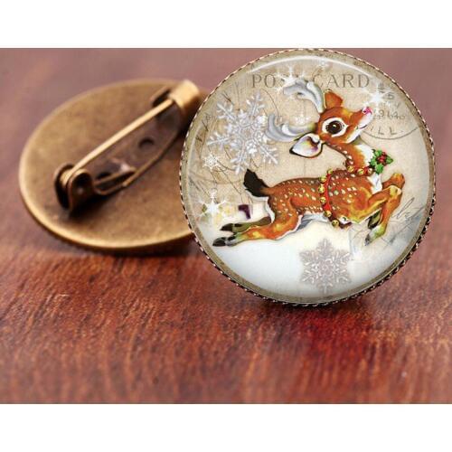 Cute Deer Christmas Glass Brooches Pins Snowman Santa Claus Boot Sleigh Heart Garland Fashion Jewelry Gift