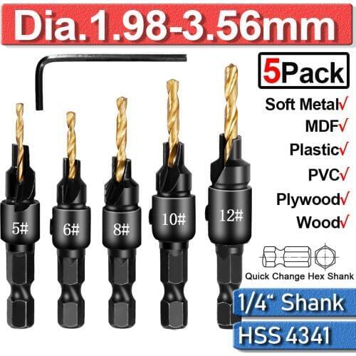 5Pcs 5 Flutes 6-12# Carpentry Countersink Drill Bit Set 1/4" Hex Shank HSS Woodworking Drill Bit Set Pilot Holes For Screw D40