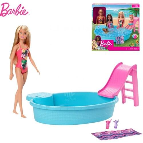 Original Barbie Pool Playset with Blonde Barbie Doll Pool, Slide and Accessories Barbie Collector Girls Kids for Toy Gift GHL91