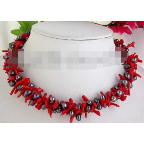 Xiuli 003308 2strands 18" baroque black pearl coral necklace