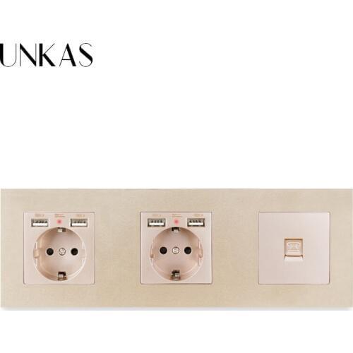 UNKAS PC Plastic Panel Double French Standard Wall Socket with 4 USB Charging Port + RJ11 Telephone Connector AC 110~250V