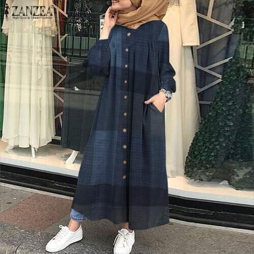 ZANZEA 2021 Retro Check Shirt Dress Womens Autumn Sundress Casual Muslim Abaya Dresses Female Button Maxi Vestidos Plus Size