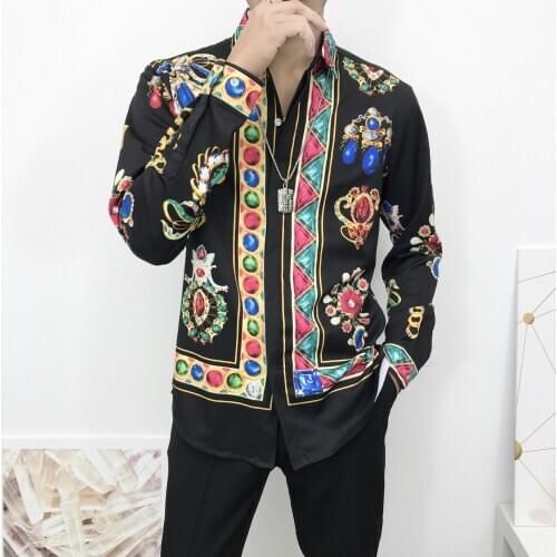 Luxury Glod Jewelry Printed Shirt Men 2020 Autumn Long Sleeve Loose Fit Shirt Fashion Color Bead Personalized Party Stage Shirt