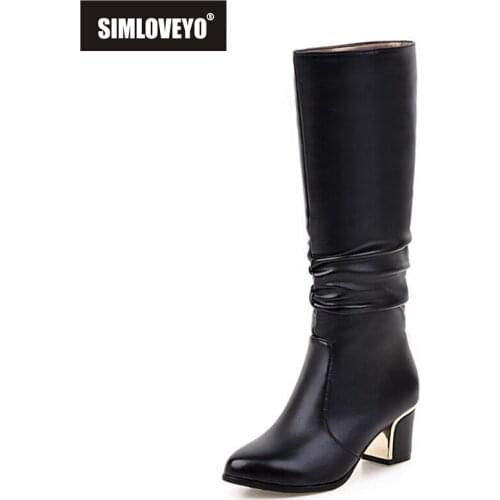 SIMLOVEYO 2021 New Ladies Knee High Knight Boots Pleated Slip On Short Plush 5.5CM Block Heel Shoes Size 34-39 Black White A4471