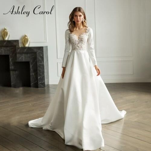 Ashley Carol Long Sleeve Wedding Dress 2021 Elegant Satin Beading Lace Backless Princess A-Line Bride Dresses Vestido De Novia