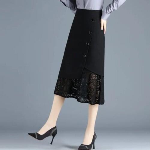 Summer Black Fishtail Lace Stitching Skirt Female 2021 A-Line Elastic High Waist Drape Mid-Long Skirts Package Hip Sexy Women
