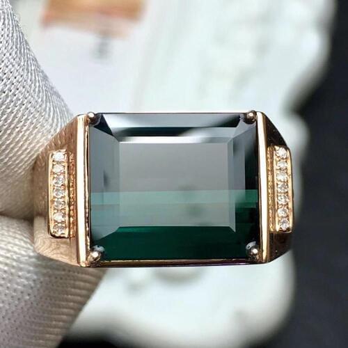 Fine Jewelry Real Pure 18 K Gold Jewelry 100% Natural Green Tourmaline Gemstones 5.65ct Diamonds Males Wedding Fine Mans Rings