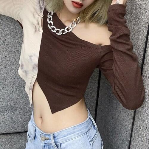 Sexy Women T-Shirt Color Block Top Long Sleeve Off Shoulder Irregular Rib Knit T-Shirt Streetwear