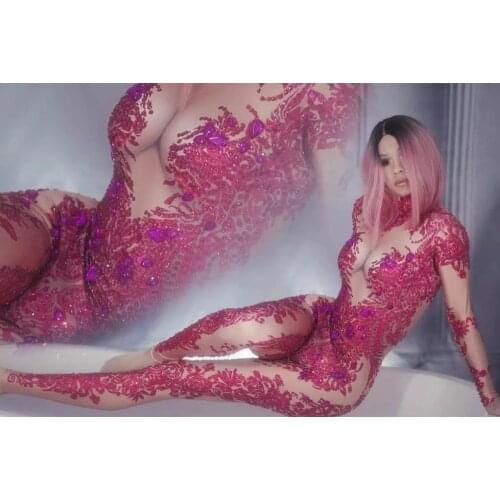 Women Sexy Red Floral Crystals Jumpsuit Nude Stretch Bodysuit Singer Dancer Stage Rompers Nightclub Ds Performance Outfits