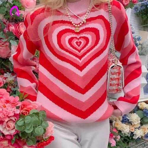 Paisley Women Sweater Y2K Aesthetics Heart Striped Pullovers Knitted Sweaters 2021 Autumn Long Sleeve Casual Basic Warm Jumper