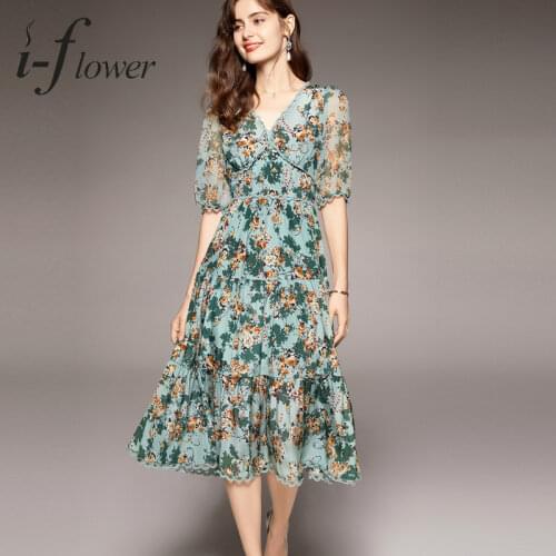100% Pure Mulberry Silk Dresses for Women 2021 Summer Elegant Printing Midi Dress A-Line V Neck Lace Patchwork Floral Robe
