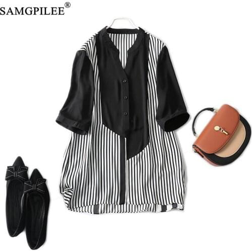 Summer Blouses 2021 New Loose Half Sleeve Plus Size Thin Vertical Stripes Stand Collar Chiffon Women Korean Style Tops 4XL