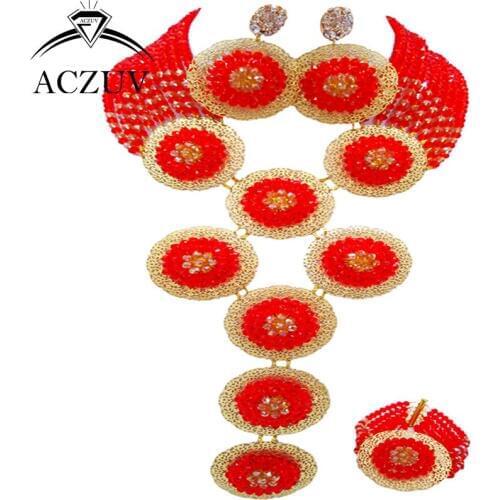 ACZUV Brand Red and Gold African Jewelry Set Dubai Crystal Necklace Earrings Bracelet for Nigerian Wedding A10R015