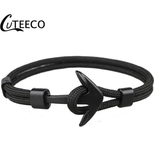 CUTEECO New Fashion Black Anchor Bracelets Men Charm 550 Survival Rope Chain Paracord Bracelet Male Wrap Metal Sport Hooks