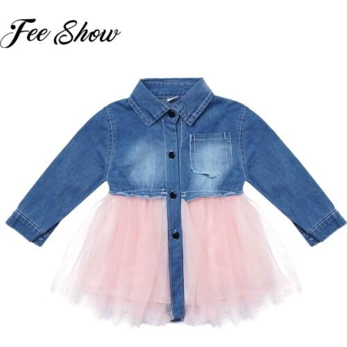 Fashion Newborn Baby Girls Dress Patchwork Long Sleeves Lapel Collar Denim Tulle Mesh Princess Dresses with Pocket Baby Clothes