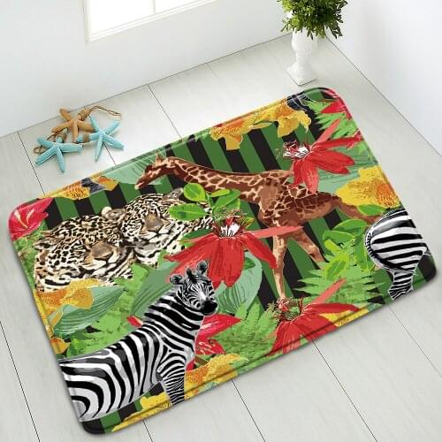 Tropical Jungle Animals Non-Slip Bathroom Mat Leopard Giraffe Tiger Green Leaf Bedroom Kitchen Entrance Doormat Absorbent Carpet