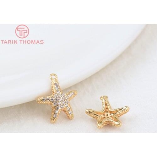 6PCS 12x14MM 24K Gold Color Brass and Zircon Starfish Charms Pendants High Quality Diy Jewelry Findings Accessories