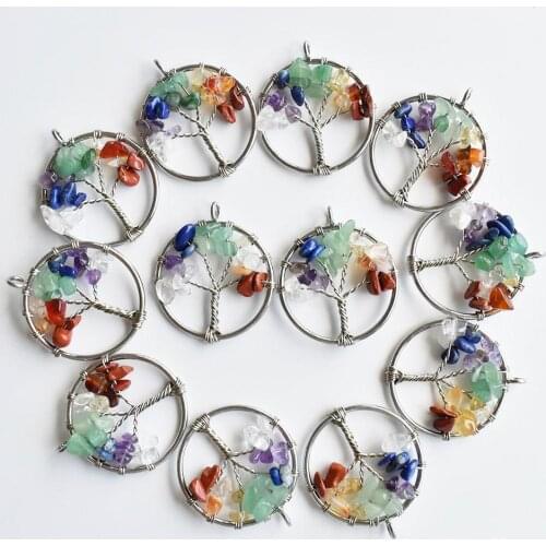 Fashion 30MM Tree of Life 12pc/lot Wisdom Tree Chakra Reiki Healing Natural Stone Pendant for Jewelry making Necklace accessorie