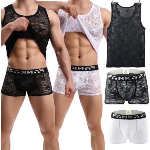 Men See Through Pajama Summer Sleepwear Boxer Underwear Mesh Men Tank Top Sexy Undershirt Net Star Print Breathable Bodybuilding
