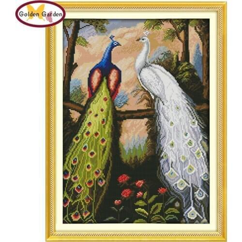 GG The Forest Peacocks Cross Stitch DIY Handmade Craft Painting Needlework Embroidery Kit Animal Cross Stitching for Home Decor