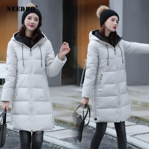NEEDBO Winter Jacket Women Big Size Elegant Hood Long Parka Casual Woman Winter Coats Puffer Jacket Slim Warm Padded Outwear