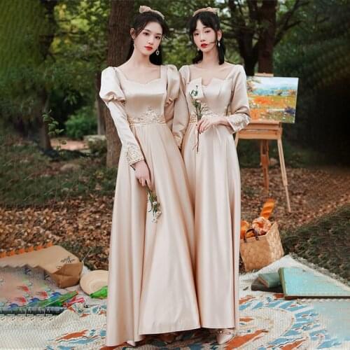 Bridesmaids Dresses Vintage V-Neck Sequined Embroidery Jersey A-Line Champagne Full Floor-Length Women Wedding Party Gown E397