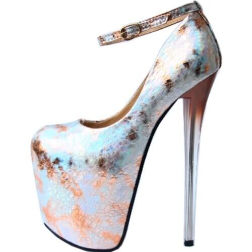 Colorful Women Pumps Stitching Painted printing Flower PU Buckle Strap 19CM Thin High Heels Round Toe shoes for women heels