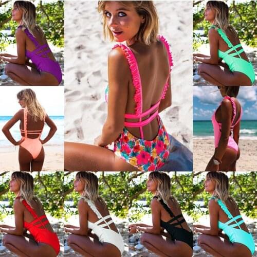 Sexy One Piece Swimsuit Women 2019 Summer Beachwear Lace Floral Solid Swimwear Bathing Suits Bodysuit Monokini Swimsuit