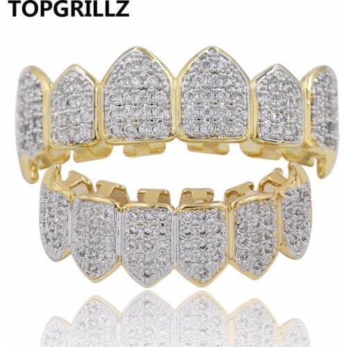 TOPGRILLZ Hip Hop GRILLZ Iced Out AAA Zircon Fang Mouth Teeth Grillz Caps Top & Bottom Grill Set Men Women Vampire Grills