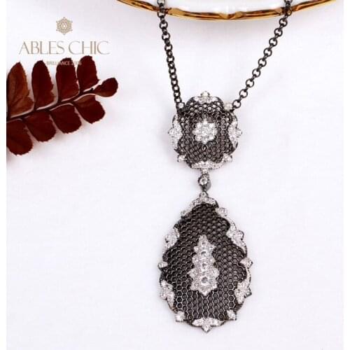 925 Silver Renaissance Vintage Lacy Floral Long Pendant Filigree Honeycomb Detail Fretwork Garland Wedding Necklace C11N3S25552