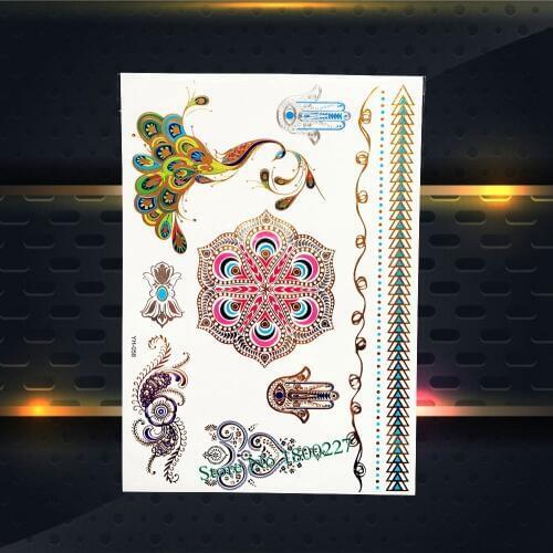 Waterproof Shoulder Decals Gold Metallic Tattoo Henna Flower Peacock Hamsa Design Body Back Art Temporary Tattoo Sticker PYH-058