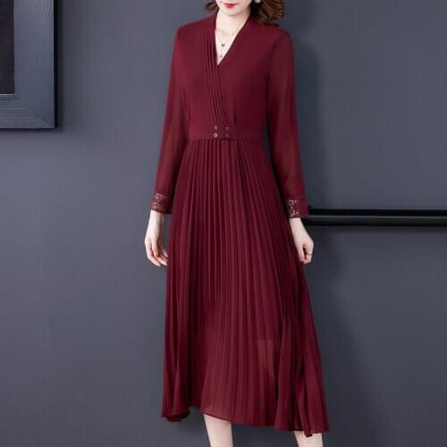 High Quality Solid Pleated Dress Women V neck Long Sleeve Long Dresses Autumn Workwear Vintage Mujer Vestido Plus Size 5XL K1261
