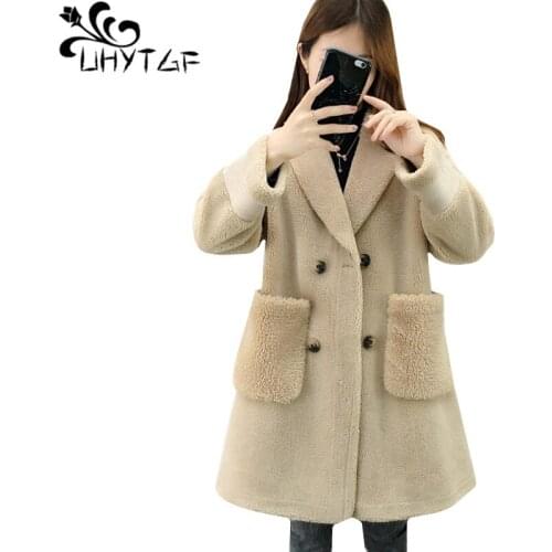 UHYTGF Quality sheep shearing Winter fur woman Double-breasted loose plus size coats luxury lambswool long fur coat female 867