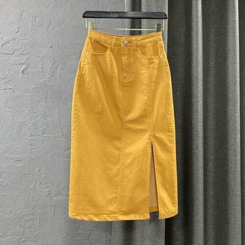 Chic High Waist Side Slit Denim Mid-Length Skirt Vintage Harajuku Split Jean Skirts Women Clothing Streetwear Green Yellow Blue
