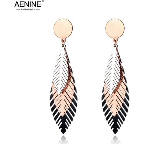 AENINE Fashion Stainless Steel Black/Rose Gold Leaves Stud Earrings Bohemia Style Creative Jewelry For Women Kolczyki AE19100