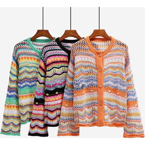Kalenmos New Striped Cardigan Womens Loose Rainbow Knit Round Neck Flared Sleeve Single-breasted Sweater Woman Cardigans