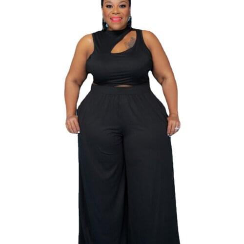Plus size women sleeveless two-piece wide-leg trousers elegant long pants set fashion clothes woman 2021 trendy wholesale