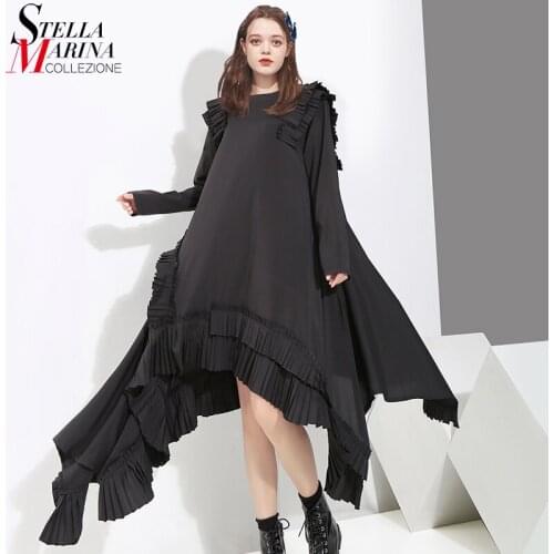Japanese Style Long Sleeve Woman Spring Solid Black Asymmetrical Dress Ruffle Join Female Loose Harajuku Dress Casual Robe 3894