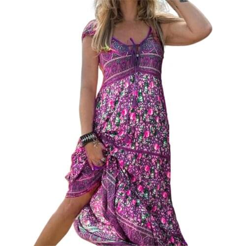 Women Dress Floral Print Lace-up Vintage Sleeveless Large Hem Bohemian Maxi Dress for Beach