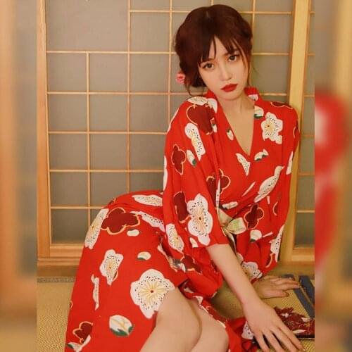Sexy Lingerie Uniform Temptation Japanese Girl Deep V Low-Cut Long Cardigan Small Fresh Printed Haori Kimono Retro Suit Cosplay