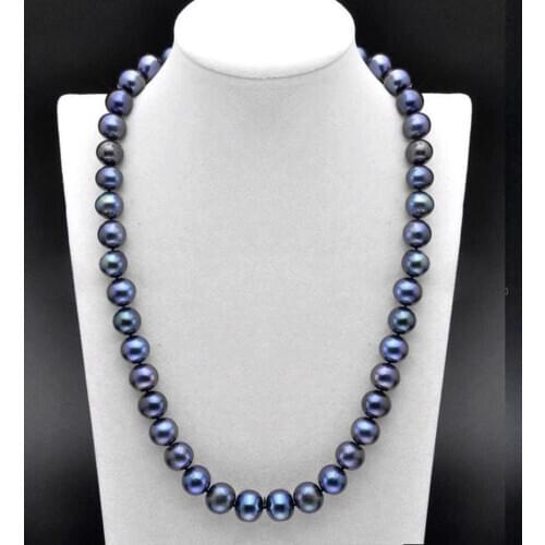 20 inch AAA 9-10 MM SOUTH SEA Tahitian black blue PEARL NECKLACE 925silver GOLD
