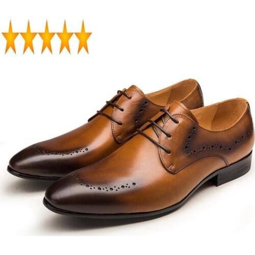 Business 2021 Classic Men Formal Genuine Leather Derby Shoes Mens Flats Wedding Party Brogue Black Brown Male Footwear Zapatos
