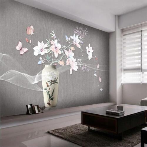 Wellyu Customized large murals fashion home decoration new Chinese hand-painted magnolia butterfly vase background wallpaper