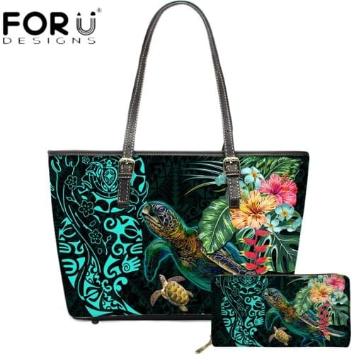 FORUDESIGNS Poly Samoa Turtle Hawaii Floral 3D Print Large Leather Handbag And Purse For Fashion Women Luxury Money Wallets Sac