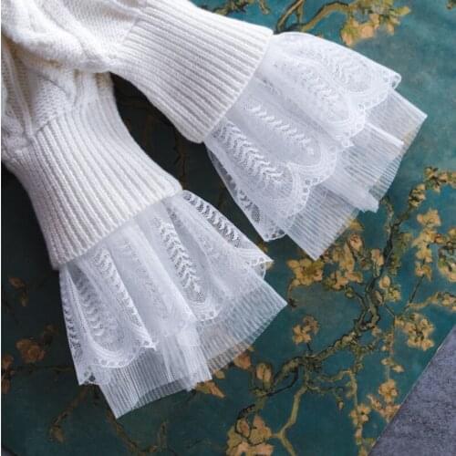 Women Girls Fake Flare Sleeves Floral Lace Pleated Ruched False Cuffs Sweater Blouse Apparel Wrist Warmers
