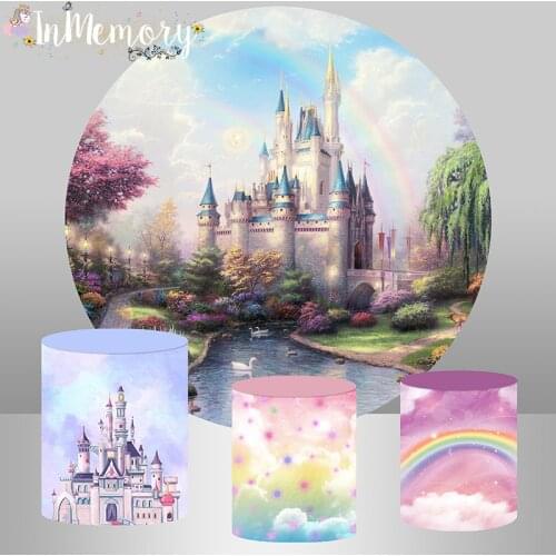 Princess Castle Round Backdrop Baby Shower Kids 1st Birthday Party Decor Banner Plinth Covers Fairy Circle Background