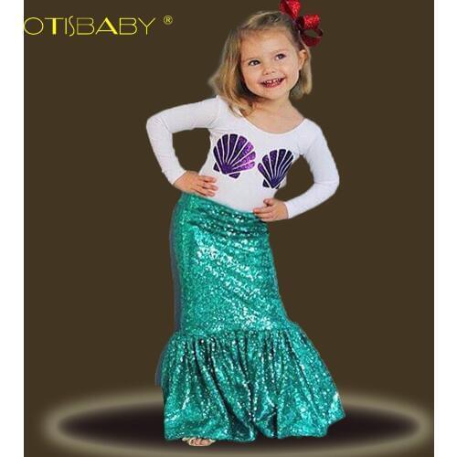 The little Mermaid Clothing Sets for Girls Purple Shell Long Sleeve T Shirts & Ariel Green Skirts Toddler Kids Party Dresses