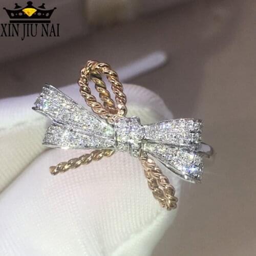 With the same red and white sweet cute bow color separation rose gold personality wild female models diamond rings for women