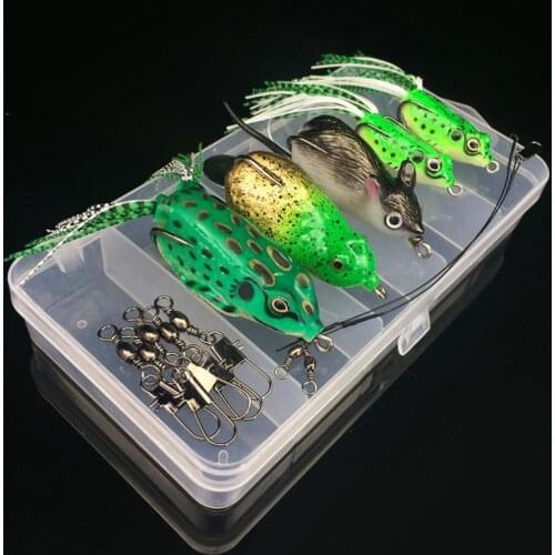 Fishing Lures Suit Contain 5pcs High Simulation Frog Rat Baits+2pcs Wire Line+5pcs B Type Pin+1Durable Lure Box Super Value Suit