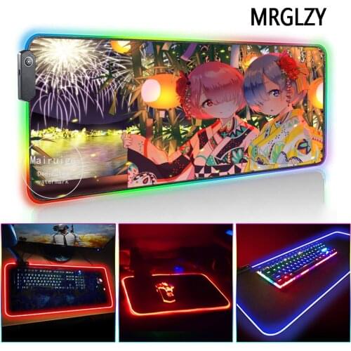 MRGLZY Cute Short Hair Girl LED Light RGB Gamer Large Anime Kimono Rem Mouse Pad DeskMat Gaming Accessories for Laptop Keyboard